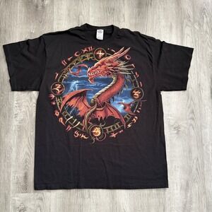 Vintage Dragon Shirt Mens 2XL Black Red Graphic Fantasy Y2K Streetwear